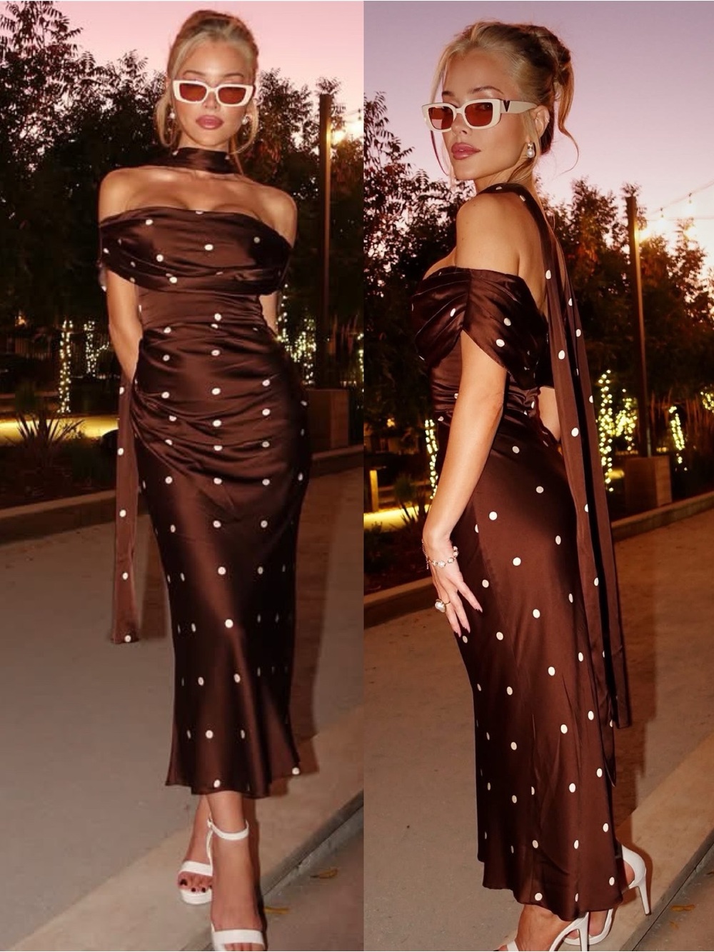LPA Luisa Polka Dot Midi Dress Detachable Scarf Brown Cream NEW with tags
